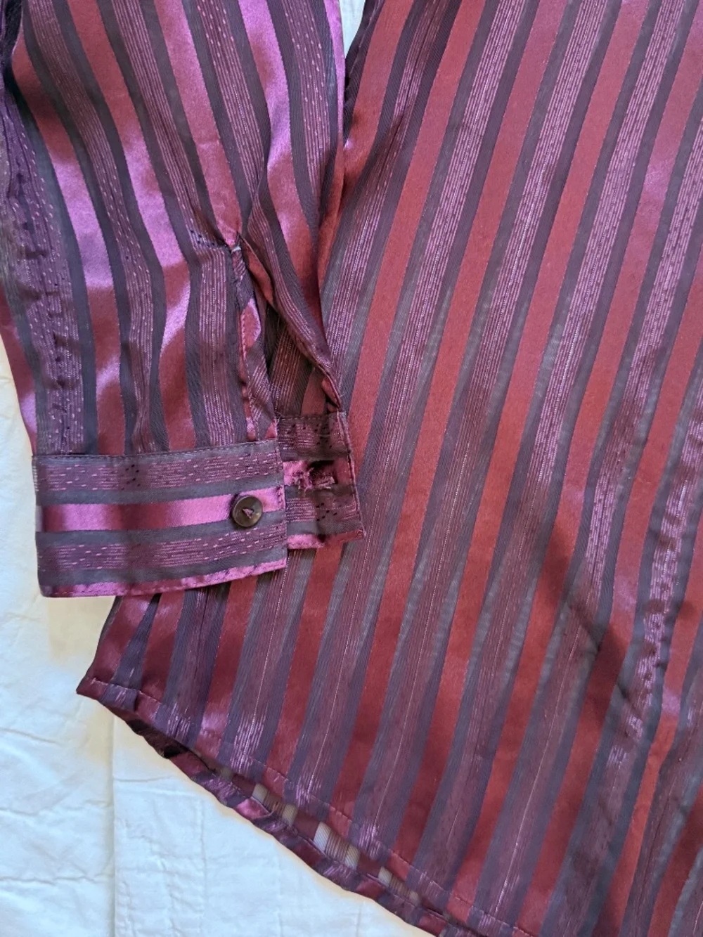 Y2K Jaclyn Smith Maroon Satin-Stripe Sheer Blouse